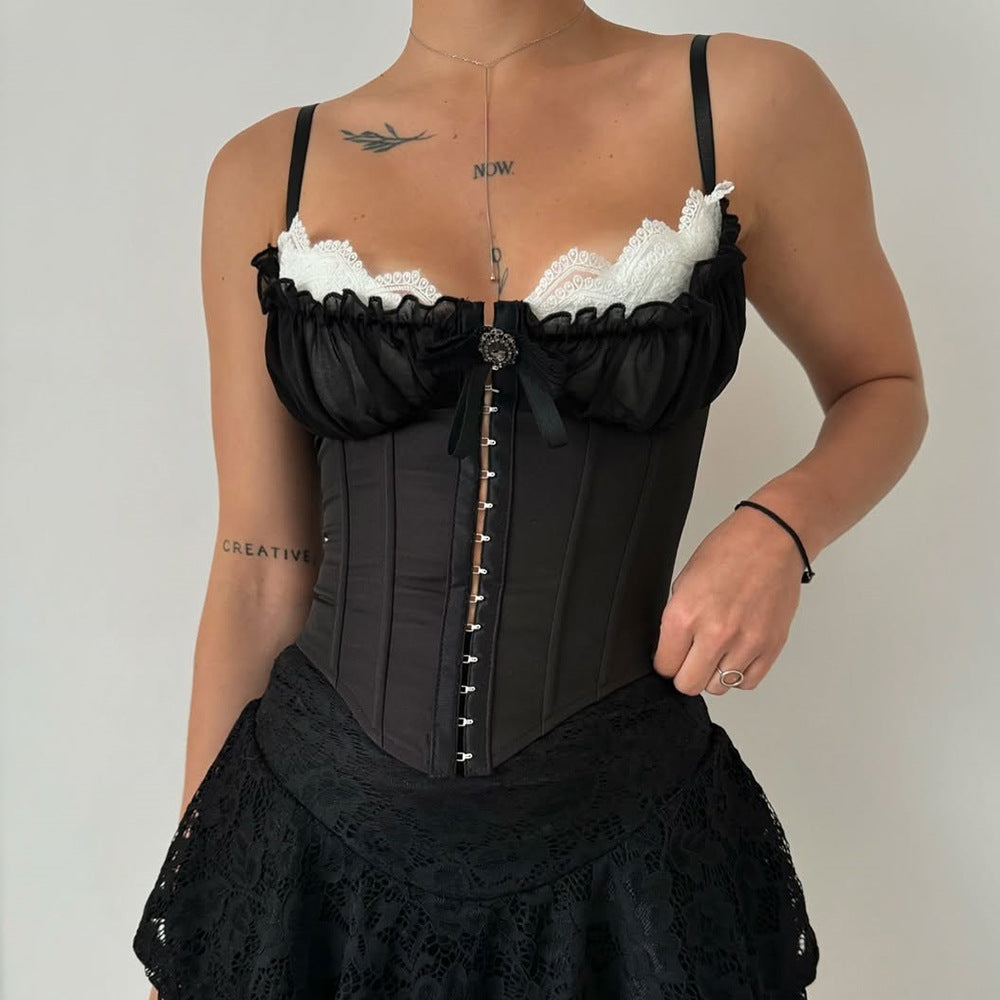 Sexy Red Stitching Lace Chest Cotton Tops