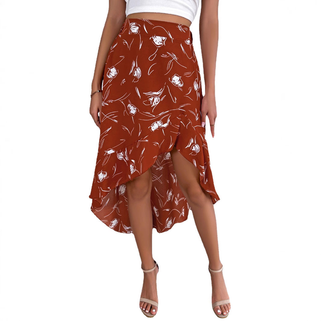 Women's Casual Flower Asymmetric Ruffled Midi Skirt