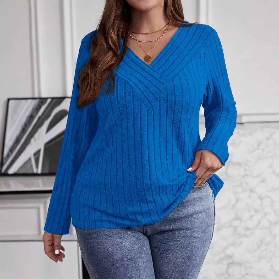 Solid Color Cross Long Sleeve Sunken Stripe Brushed Tops