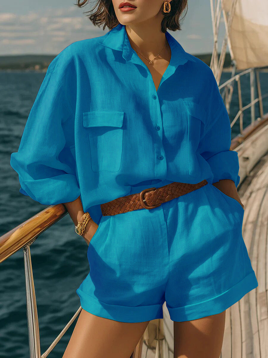 Women's Solid Color Loose Breasted Shirt Set Shorts