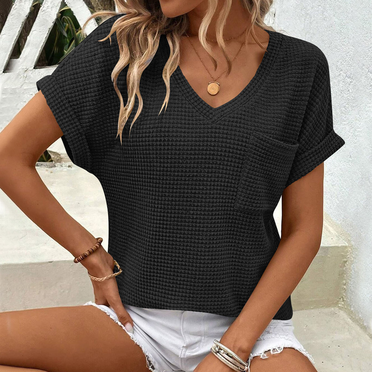 Women's Collar Summer Waffle Pocket Sleeve Women's T-shirt