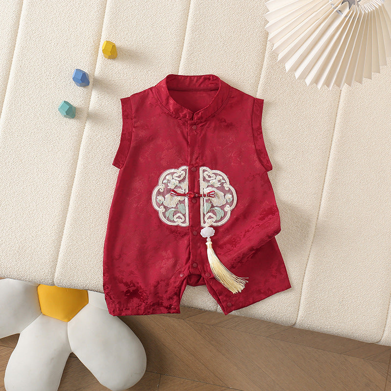 Satin National Style Leader Side Stripe Short Harem Red Jumpsuit, Climbing Suit
