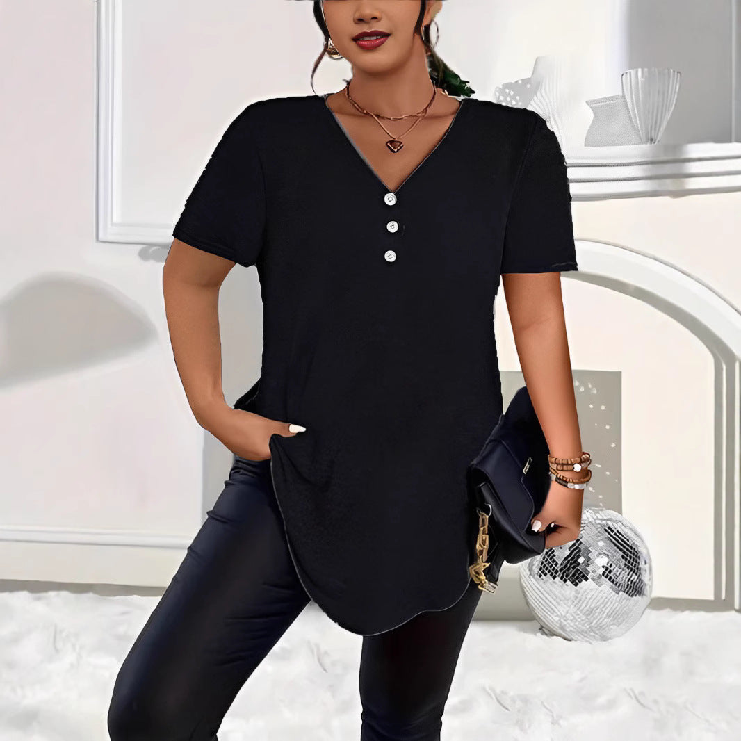 Women's Spring Fashion Solid Color Button Sleeve Women's T-shirt