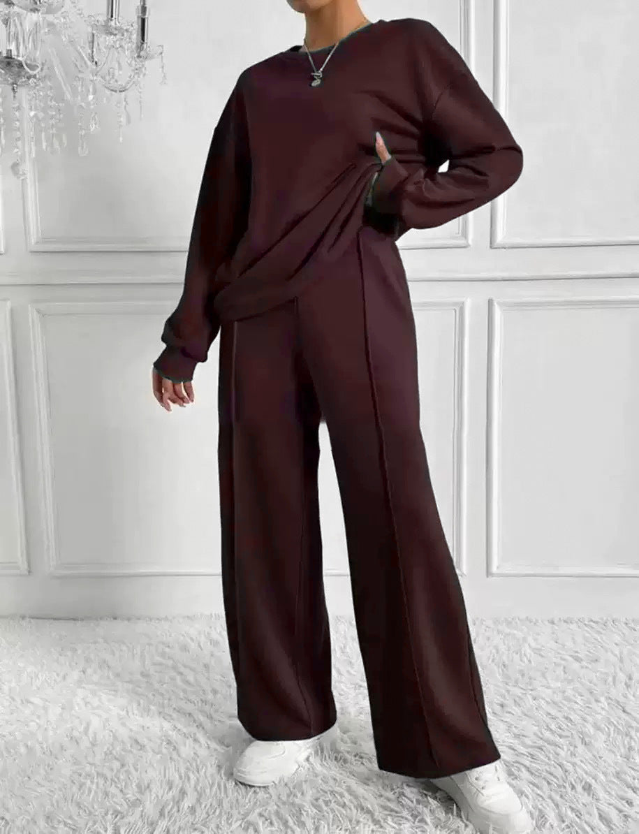 Women's Solid Color Round Neck Long-sleeved Trousers Fashion Casual Suit