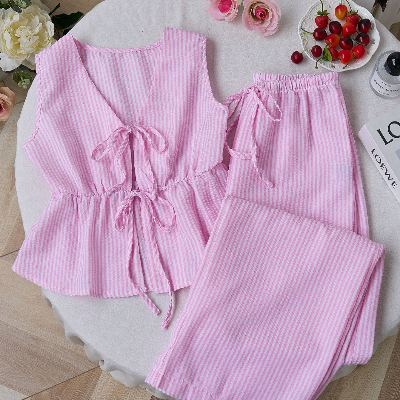 Color Striped Lace Up Wild Loose Trousers Fashion Casual Suit