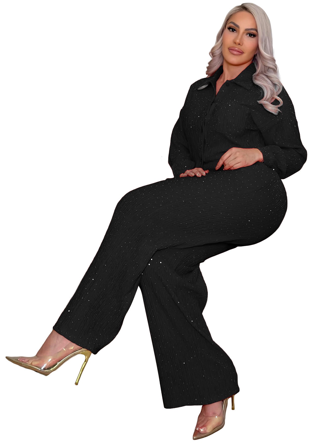 Women's Rhinestone Pleated Long-sleeved Lapel Shirt Trousers Fashion Casual Suit