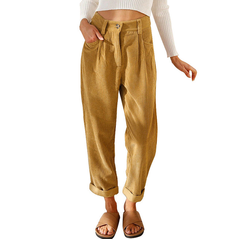 Women's Autumn High Waist Solid Color Corduroy Loose Pants