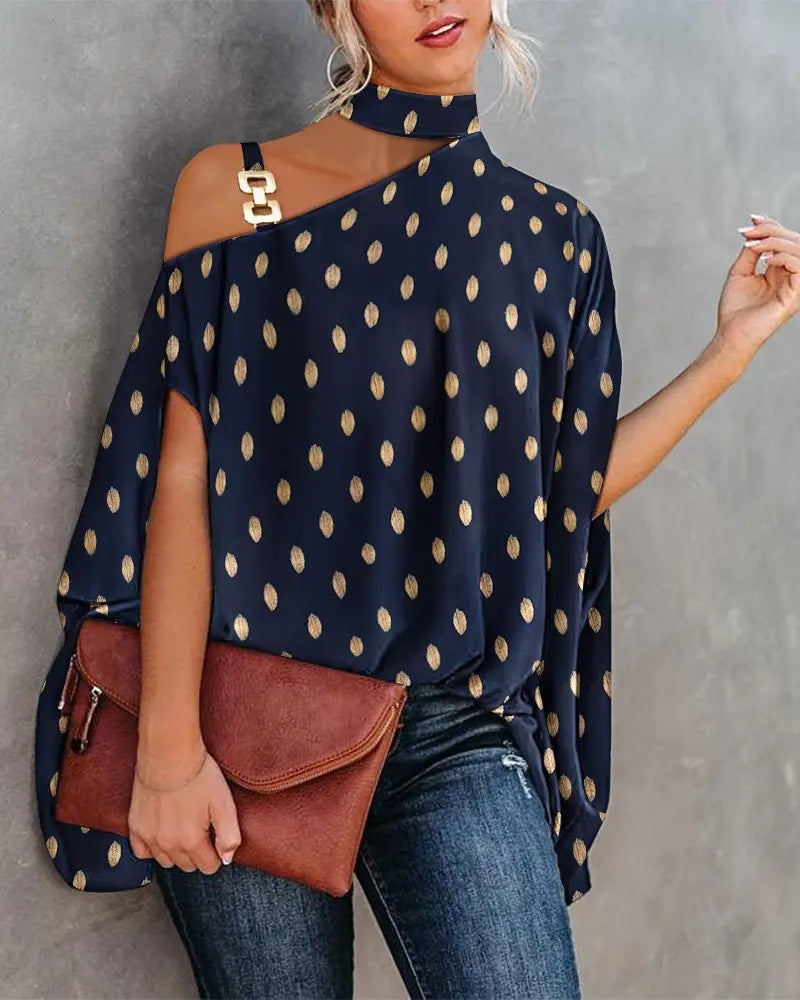Women's Short-sleeved Summer Bat Print Halter Lace Shirt, Chiffon Shirt