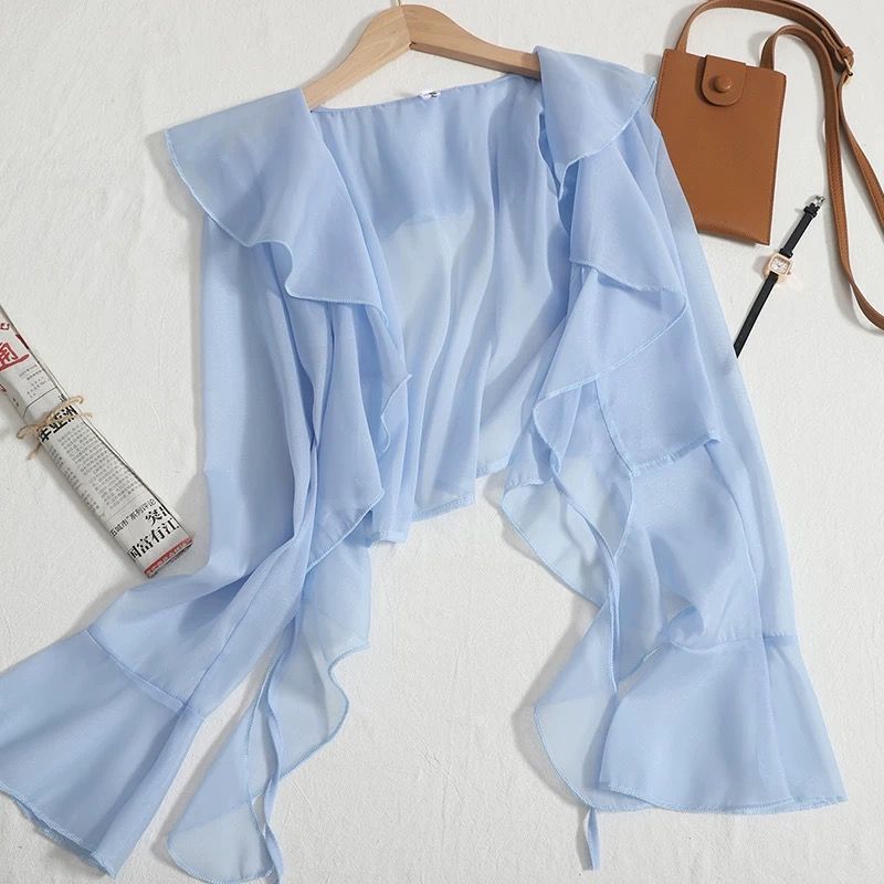 Women's Ruffled Sun Protection Fat Summer Long Lace Shirt, Chiffon Shirt