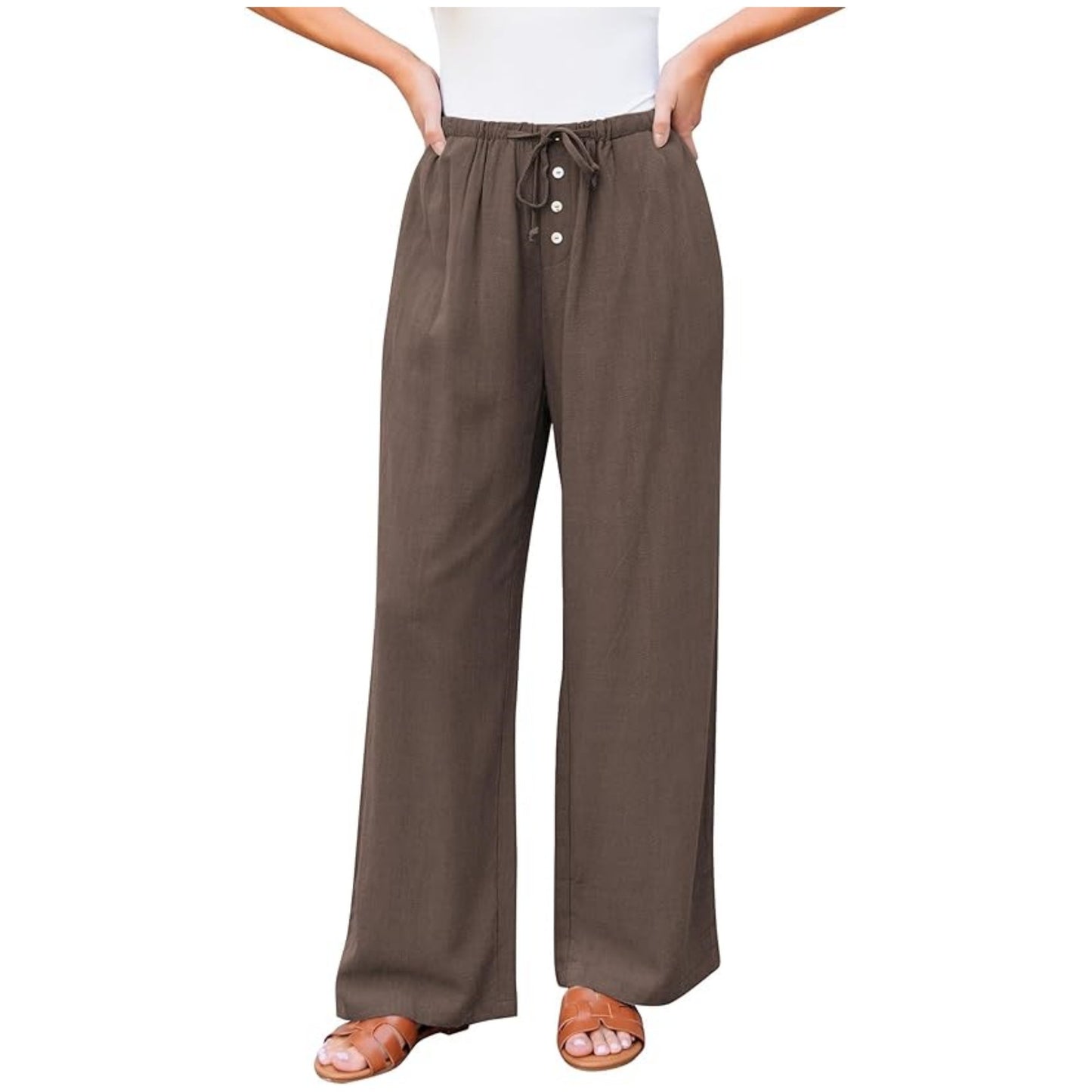 Women's High Waist Comfortable Wide Leg Drawstring Pocket Button Casual Pants
