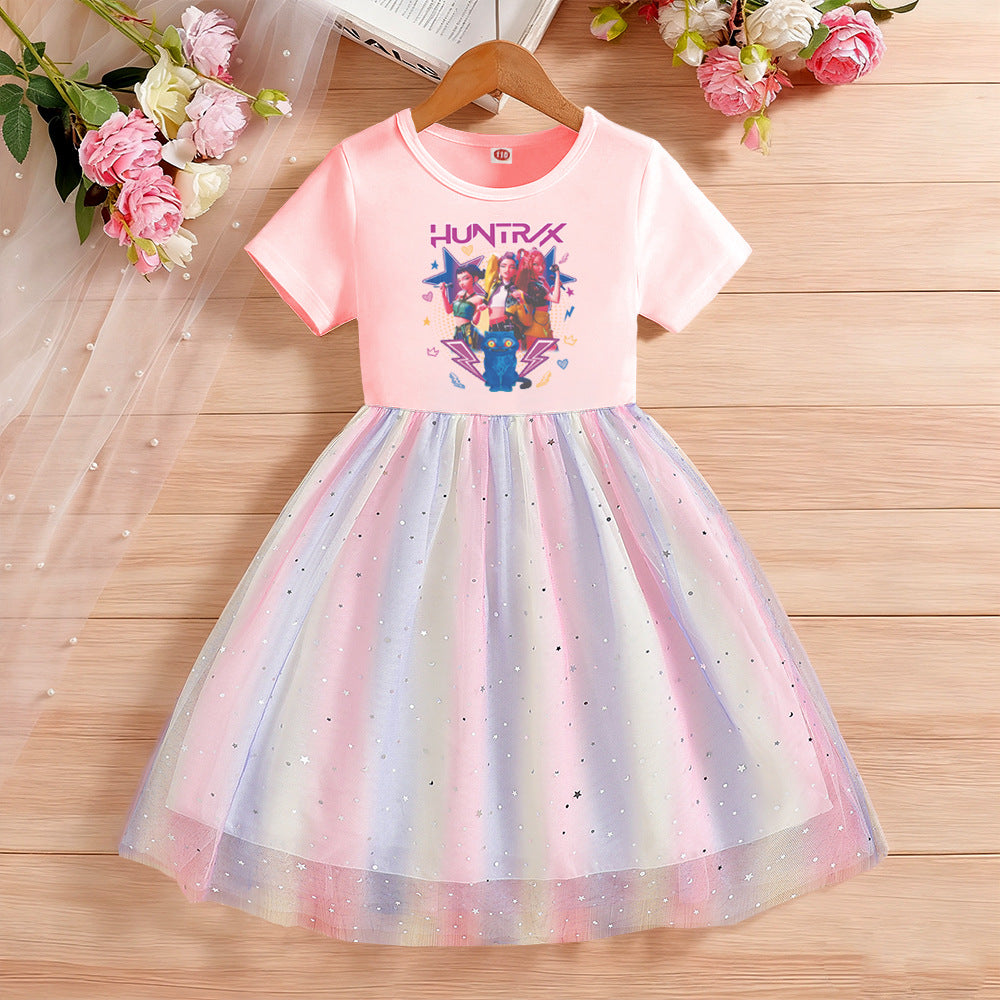 Children's Short Sleeve Clothing Gauze Rainbow Princess Skirt Children's Dress