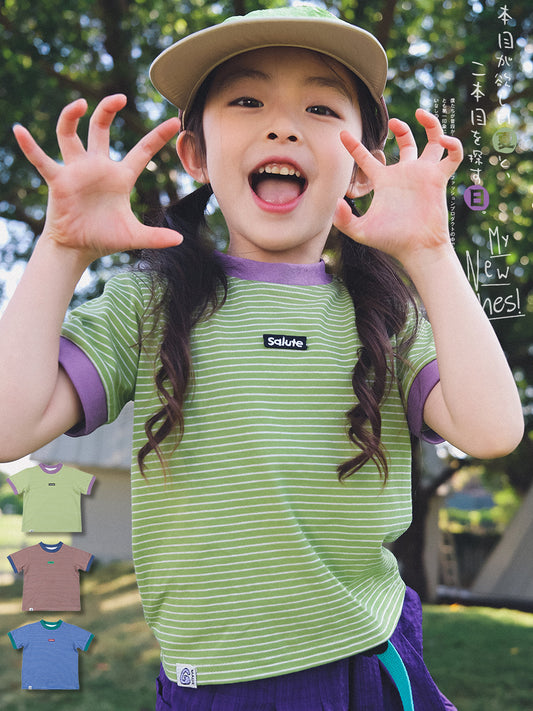 Children's Striped Short Sleeve Summer Outdoor Style Contrast Color Dopamine Half Children's T-shirt