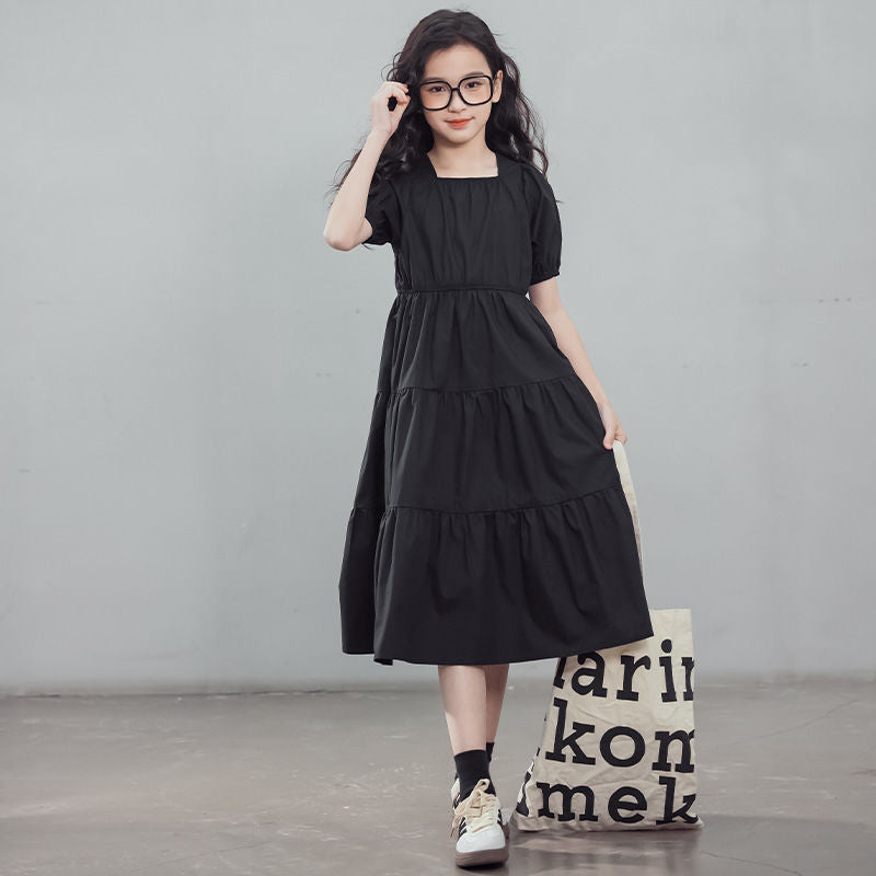 Children's Summer Solid Color Korean Style Fashionable Princess Medium Big Square Children's Dress