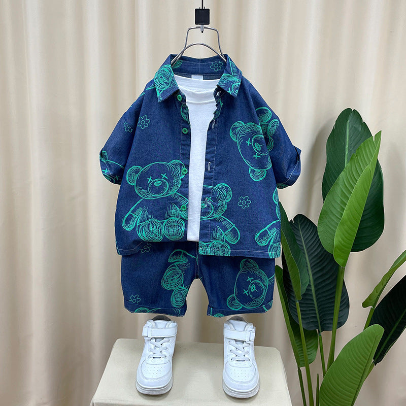 Children's Clothing Denim Short Sleeve Shirt Outfit Trendy Handsome Clothes Children's Suit