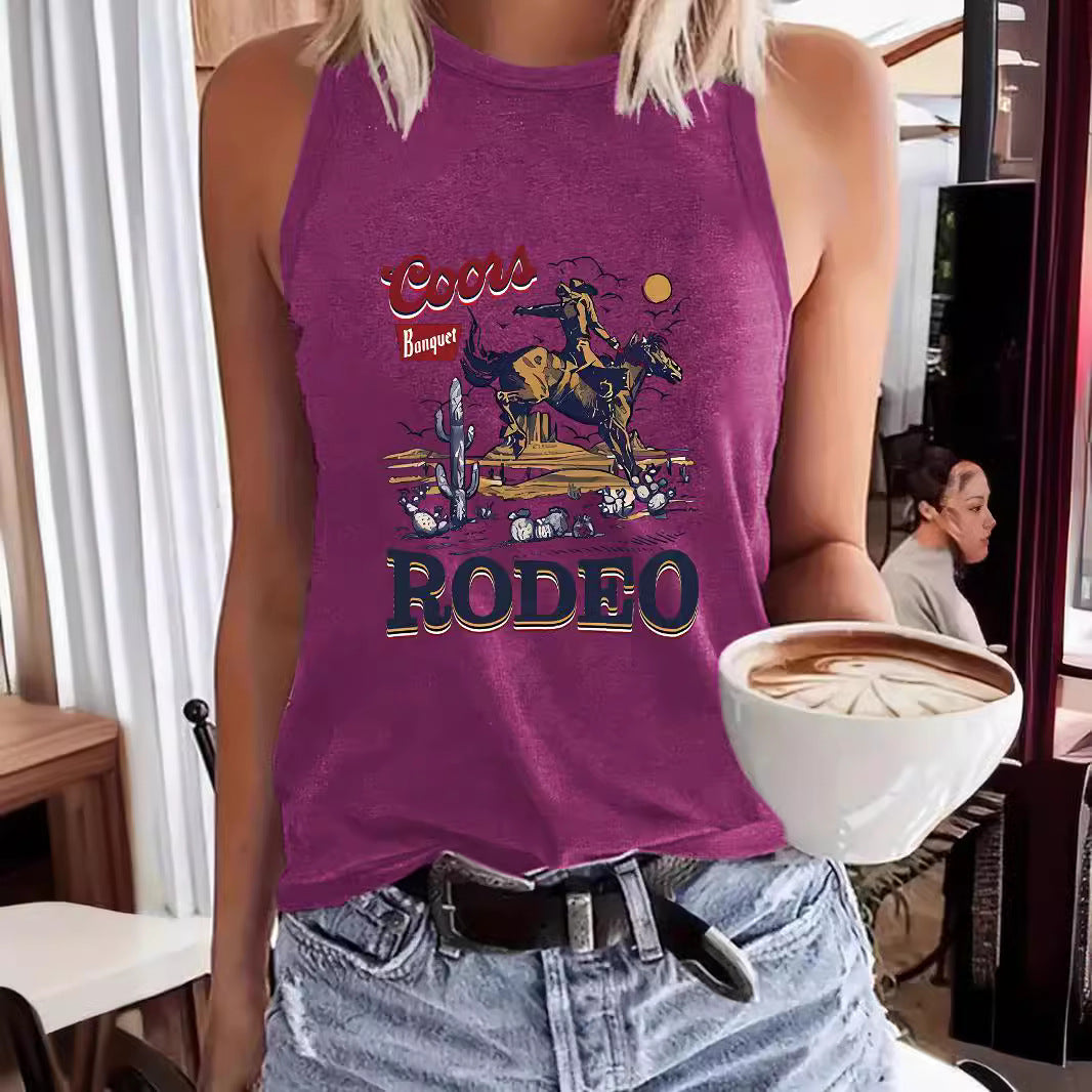 Women's Western Denim Sleeveless T-shirt Round Neck Pullover Vests