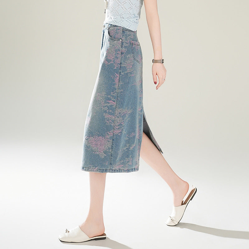 Women's Pink Purple Jacquard Embroidered Wide Leg Denim Design Skirts