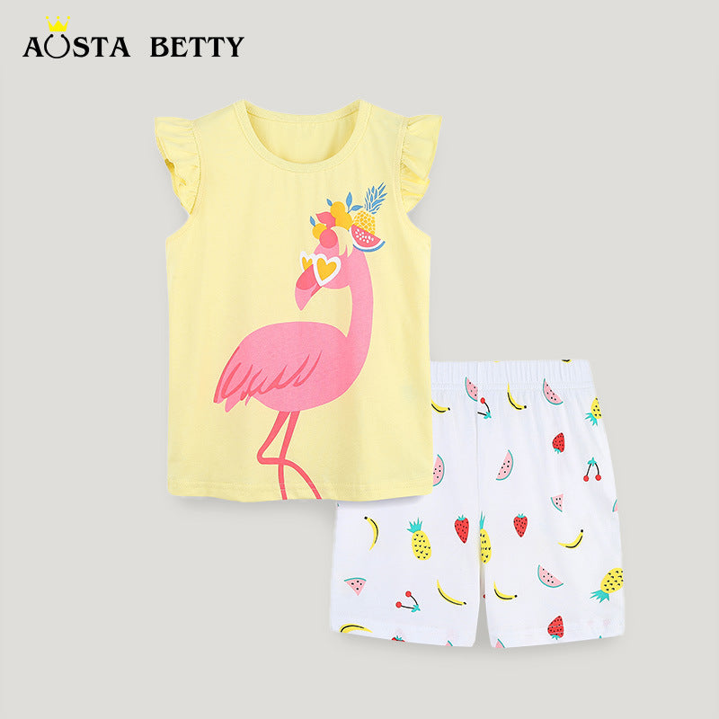Children's Short-sleeved Summer Knitted Cotton T-shirt Cartoon Round Neck Two-piece Children's Suit