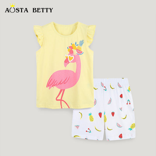 Children's Short-sleeved Summer Knitted Cotton T-shirt Cartoon Round Neck Two-piece Children's Suit