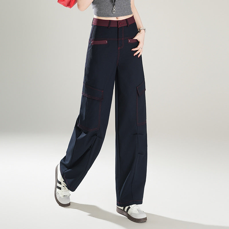 Contrast Color Overalls High Waist Slimming Loose Mop Machete Casual Pants