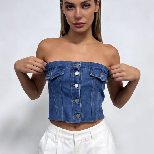 Graceful Blue Cotton Sexy Denim Tube Tops
