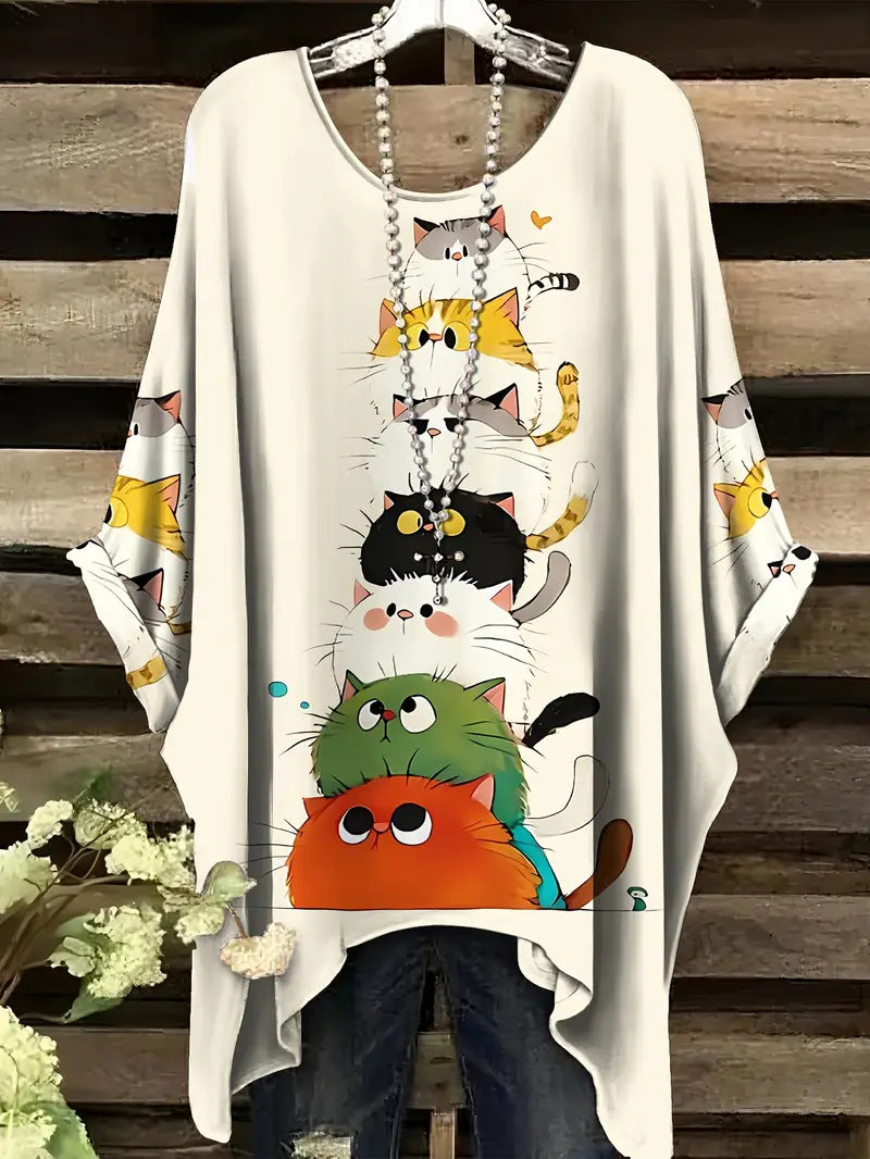 Women's Extra Cartoon Printed Round Neck Summer Large Size T-shirt