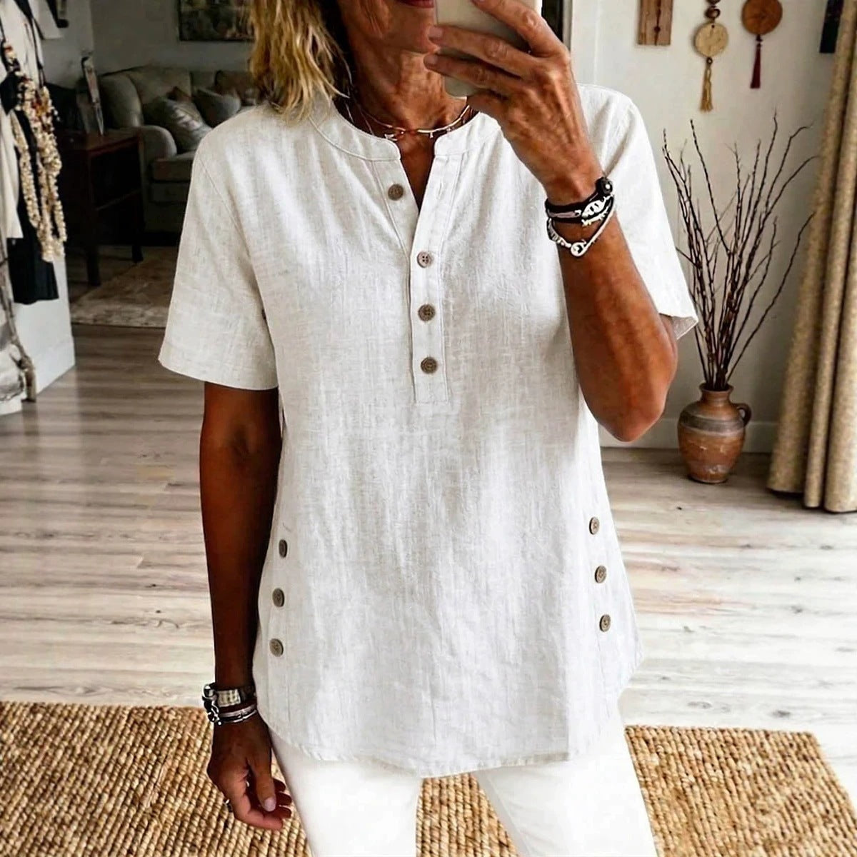 Women's Collar Half Sleeve Side Breasted Loose Casual Women's T-shirt