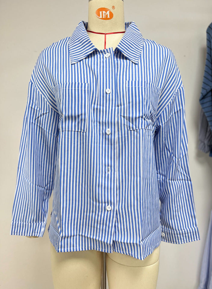 Wind Long Sleeve Loose Striped Shirt Blouse