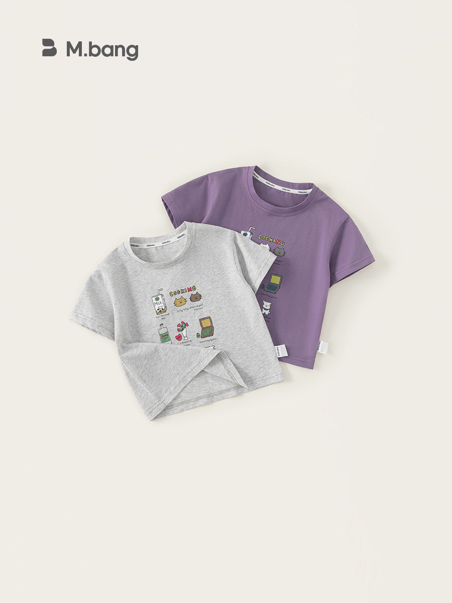 Children's Neutral Gray Purple Two-color Cartoon Printed Casual Top Summer Breathable Children's T-shirt