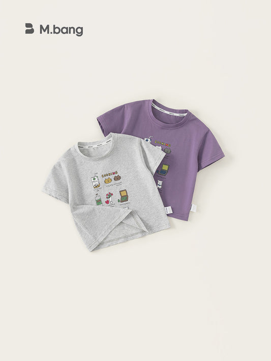 Children's Neutral Gray Purple Two-color Cartoon Printed Casual Top Summer Breathable Children's T-shirt