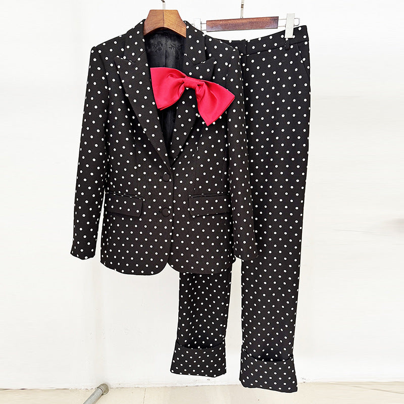 Bow Decoration Polka Dot Dots Trousers Two-piece Fashion Casual Suit
