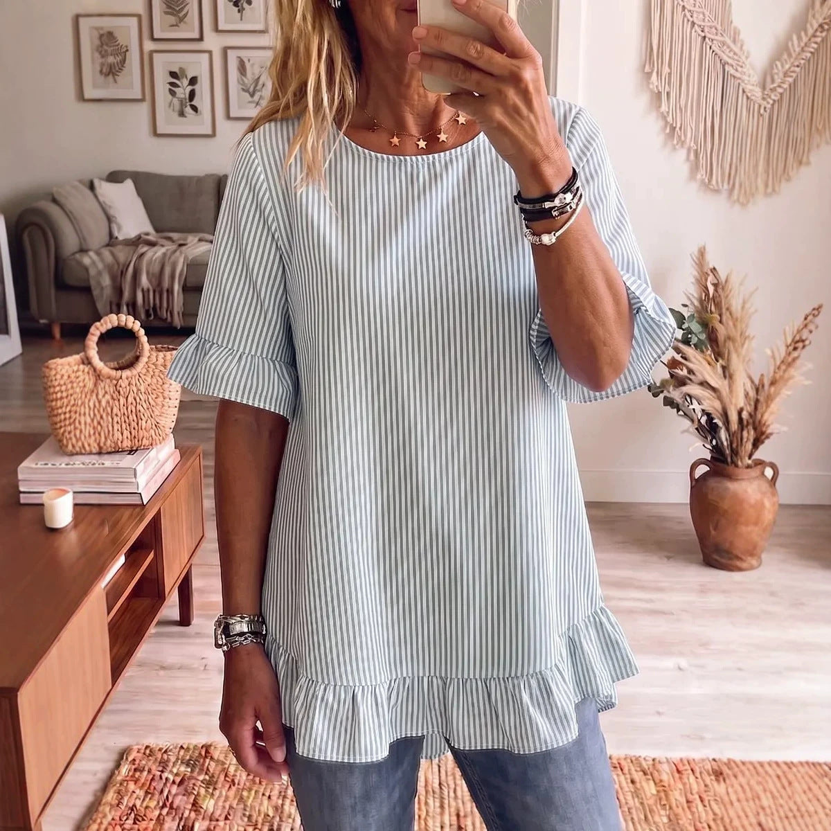 Women's Summer Sleeve Striped Loose Casual Ruffled Women's T-shirt