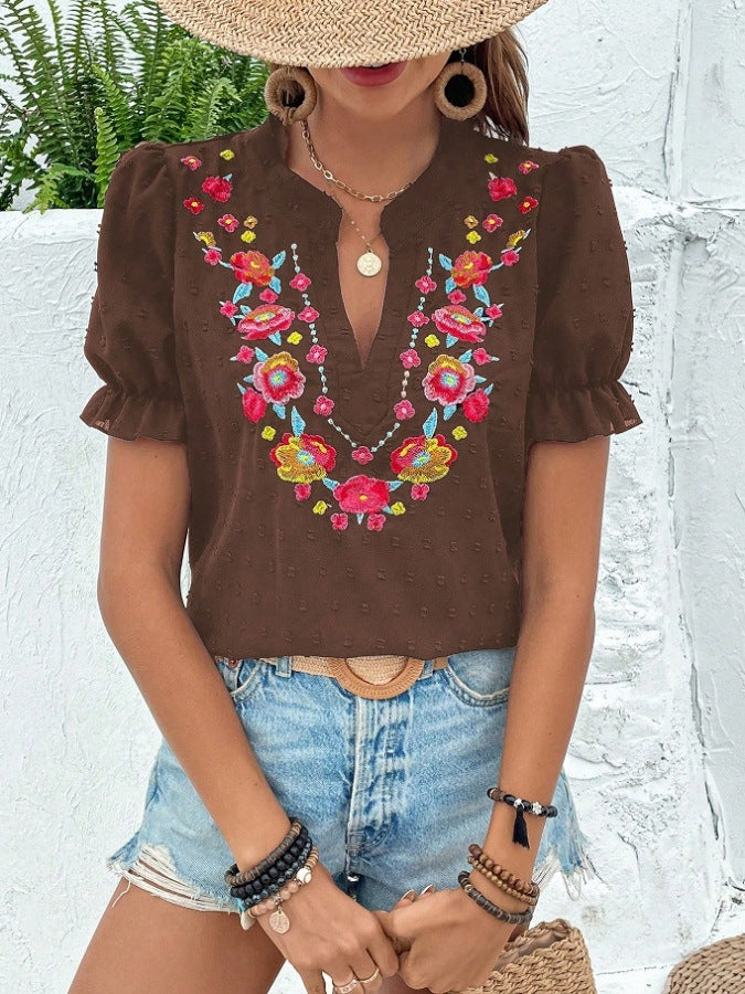 Attractive Women's Floral Embroidered Puff Sleeve Shorts