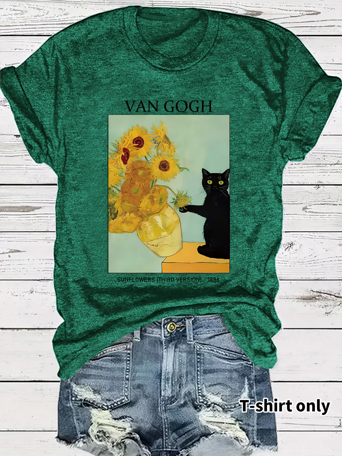 Women's Van Gogh Sunflower Cat Art Print Loose Casual Round Neck Women's T-shirt