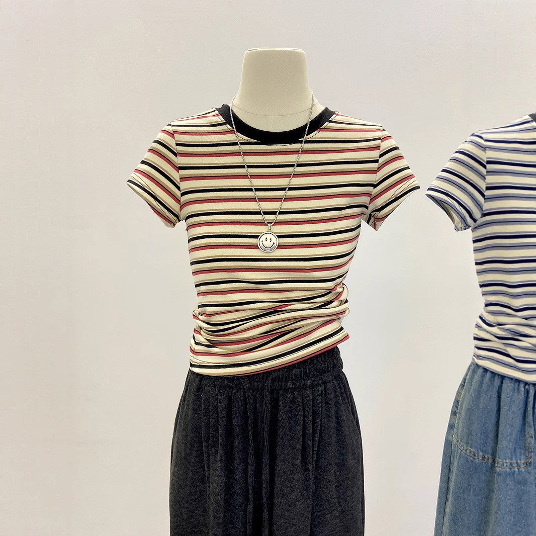 Women's Color Striped Spring Long-sleeved Bottoming Shirt Retro Warm Slim Fit Tops