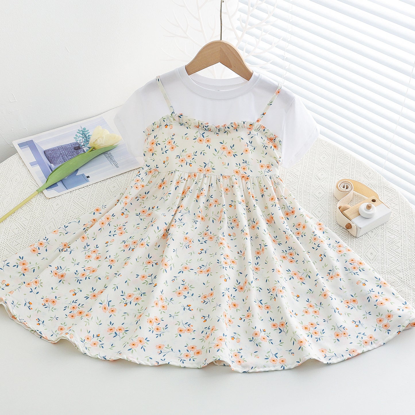Children's Large Cotton Silk Short Sleeve Fake Two Pieces Artificial Summer Children's Dress