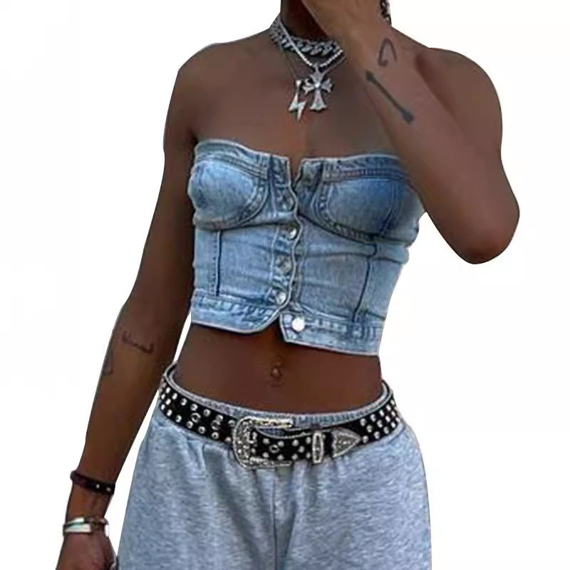 Women's Fashionable Elastic Band Denim Tube For Small Vest/suspenders/tube Top