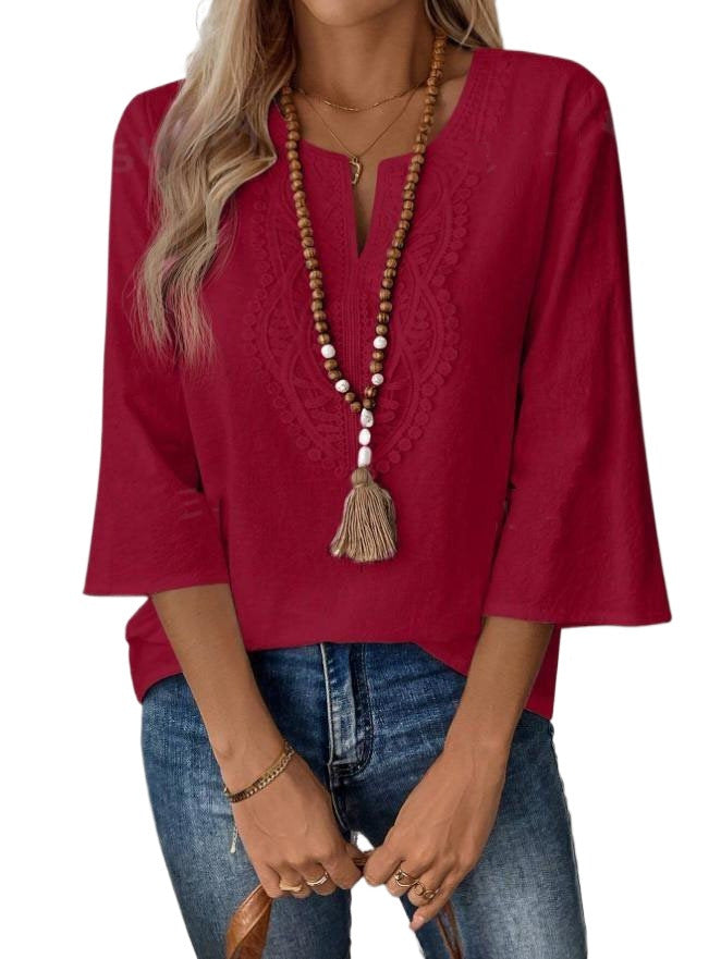 Women's Shirt Lace Trim Solid Color White Blue Blouse
