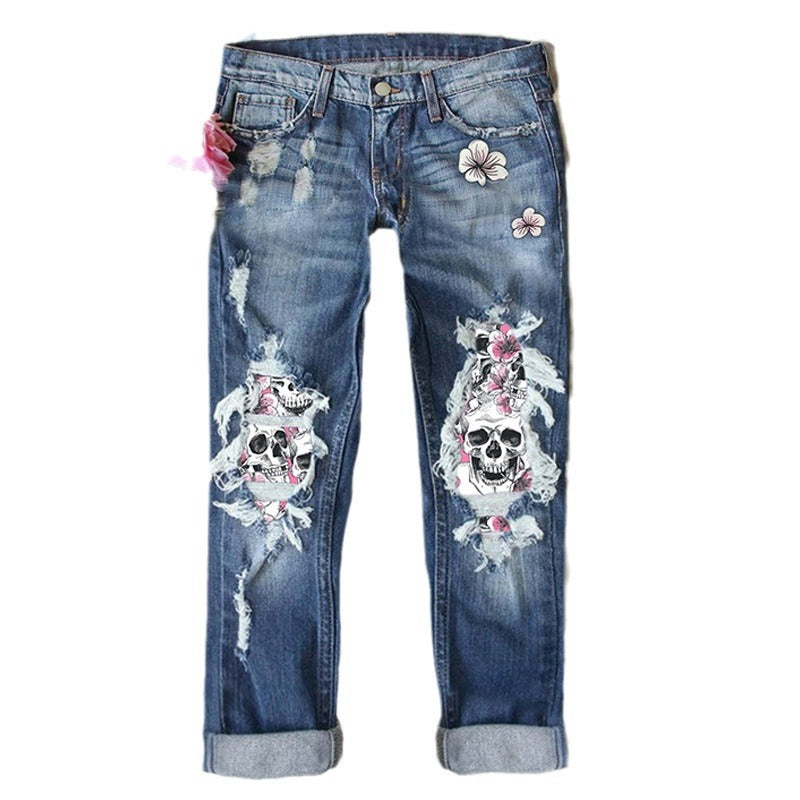 Women's Ripped Trendy Skull Edged Trousers Women's Jeans