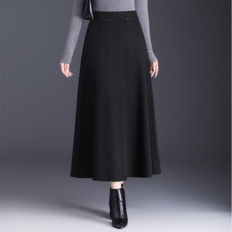 Women's Woolen Thick Winter Dress Mid-length High Waist A- Line Slimming Skirt