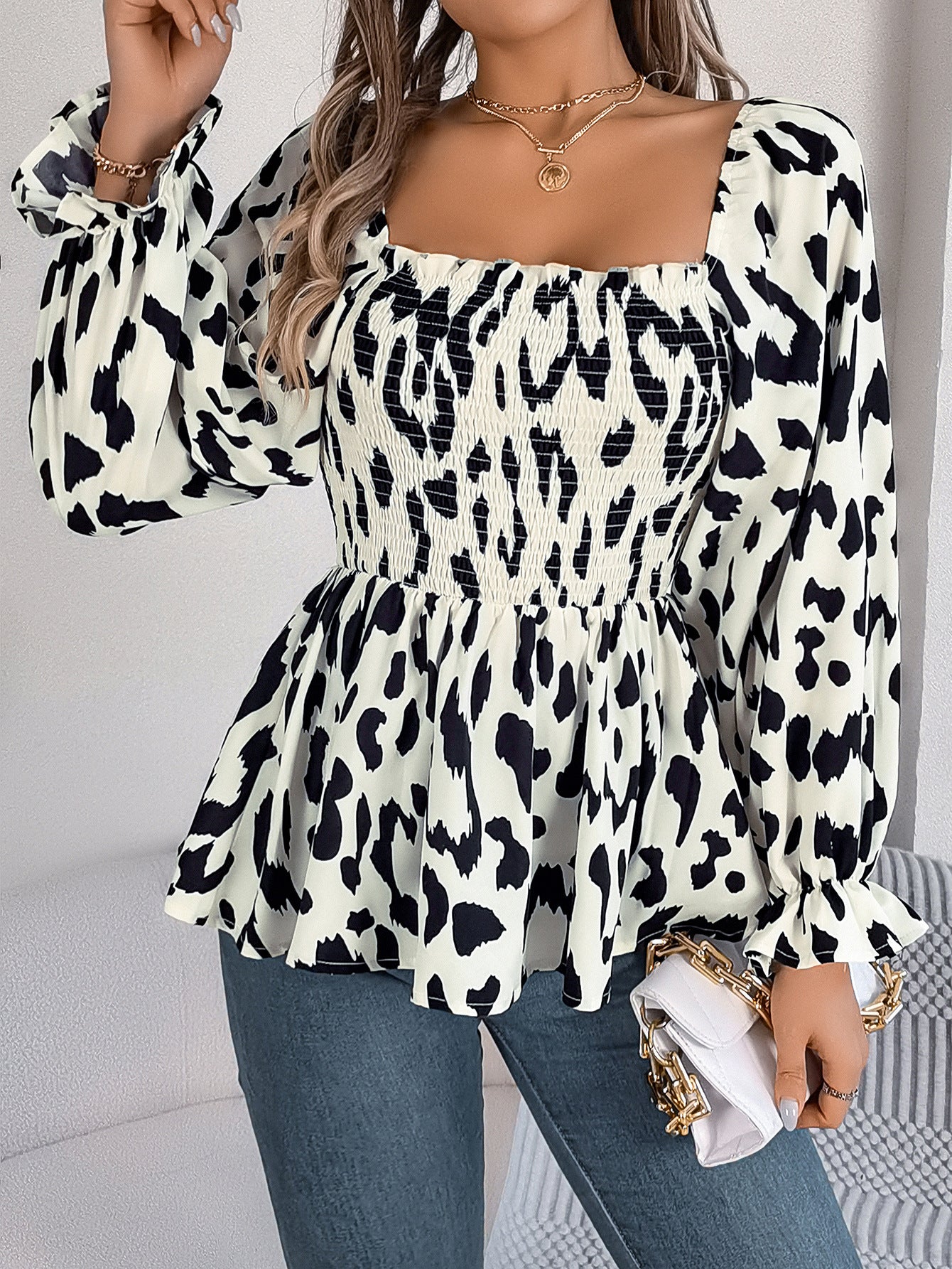 Women's Ear Square Collar Leopard Print Long Clothing