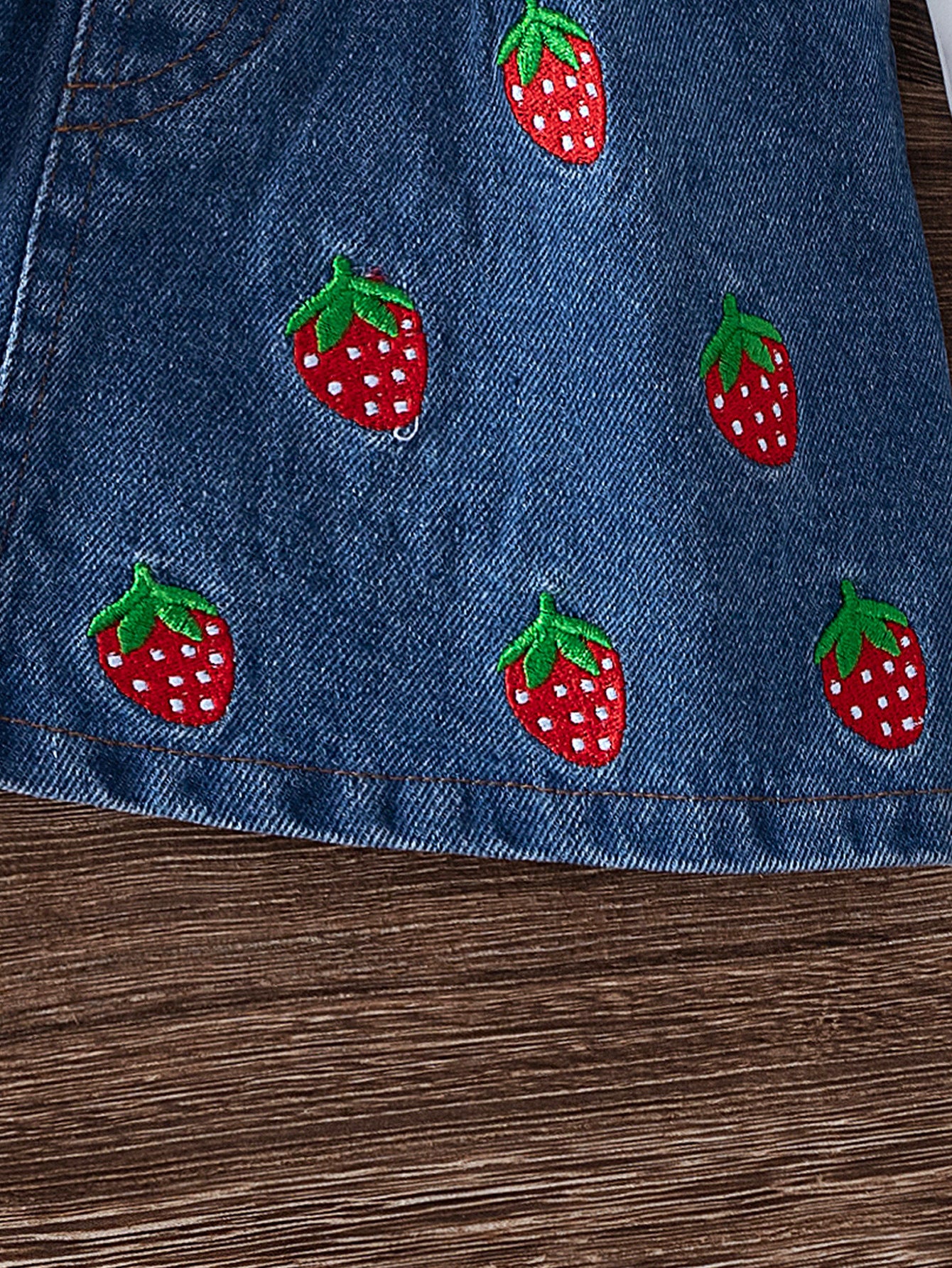 Flounced Sleeve Printed Top Strap Embroidered Denim Skirt With Children's Suit