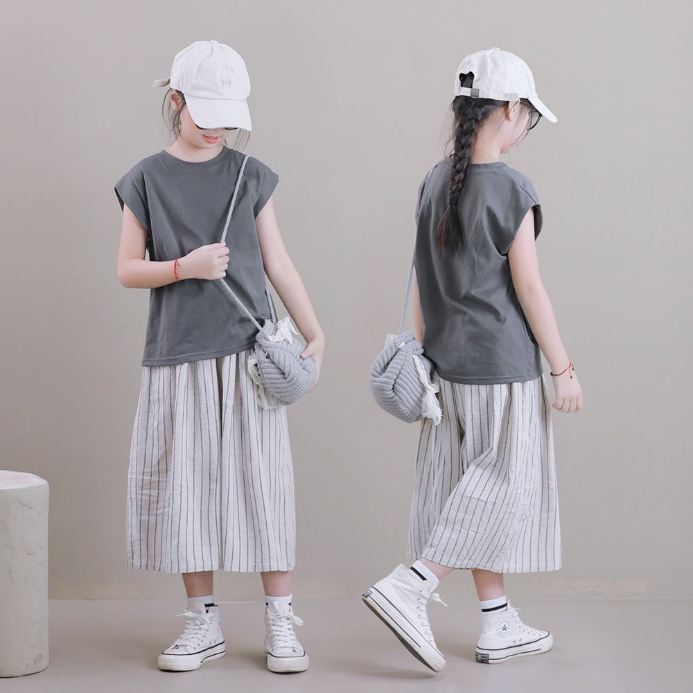 Large Loose Casual Pure Cotton Elastic Waist Culottes Small Cropped Children's Pants
