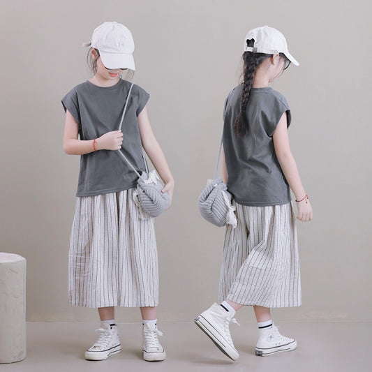 Large Loose Casual Pure Cotton Elastic Waist Culottes Small Cropped Children's Pants