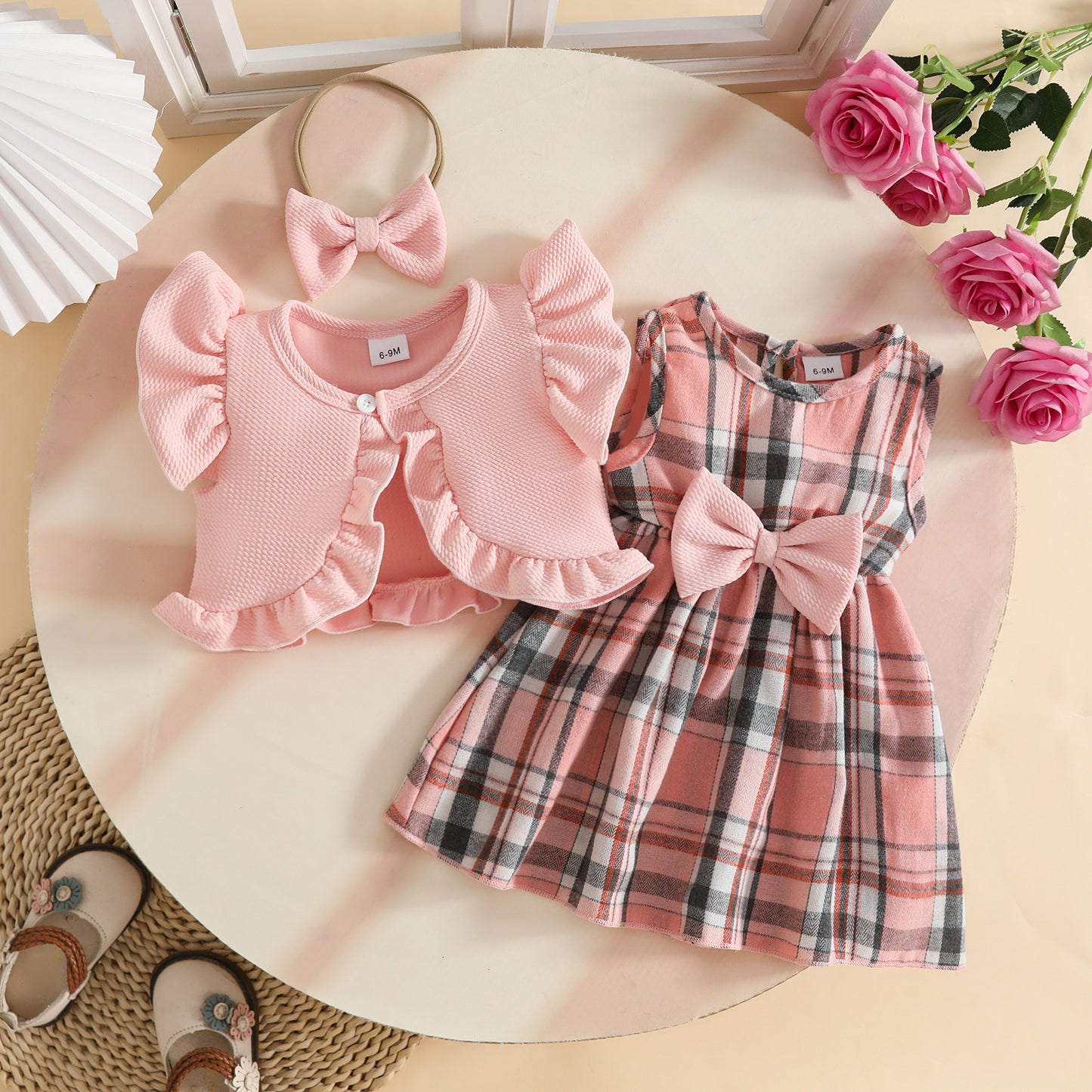 Set Sleeveless Ruffled Cropped Coat Top Plaid Children's Suit