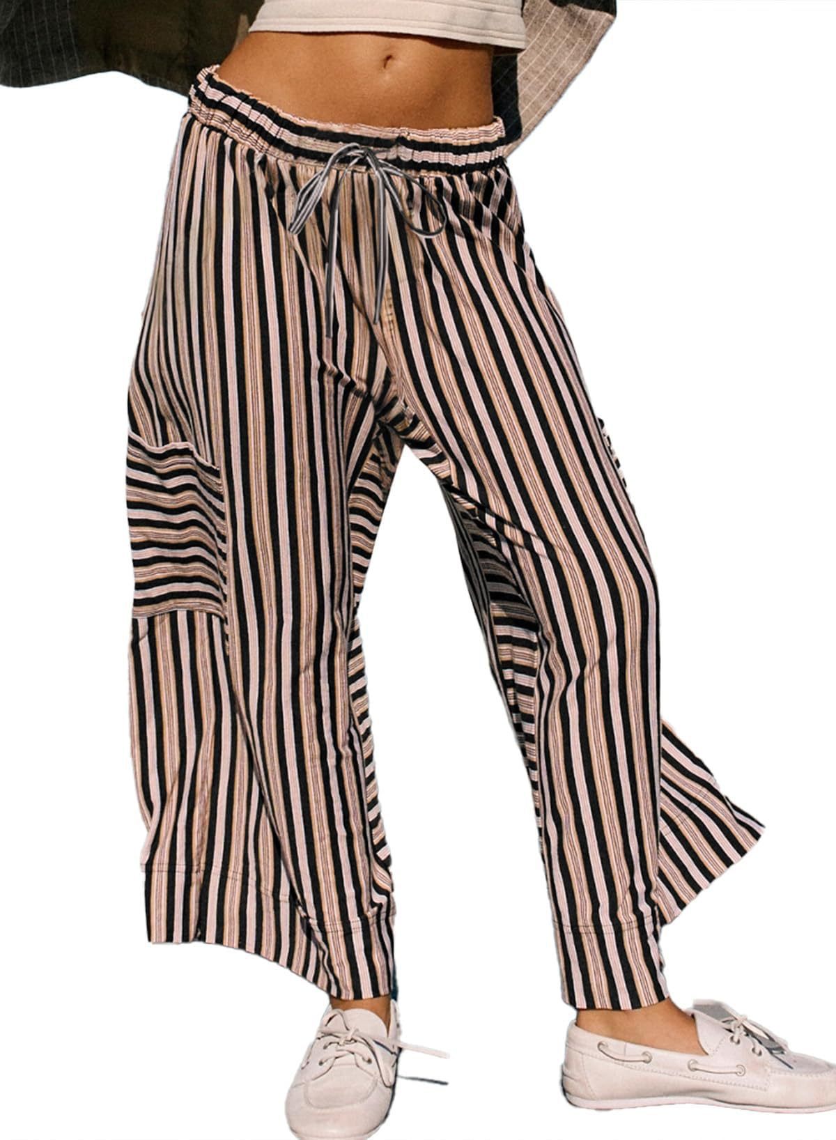 Women's Striped Drawstring Wide Leg Beach Breathable Pants