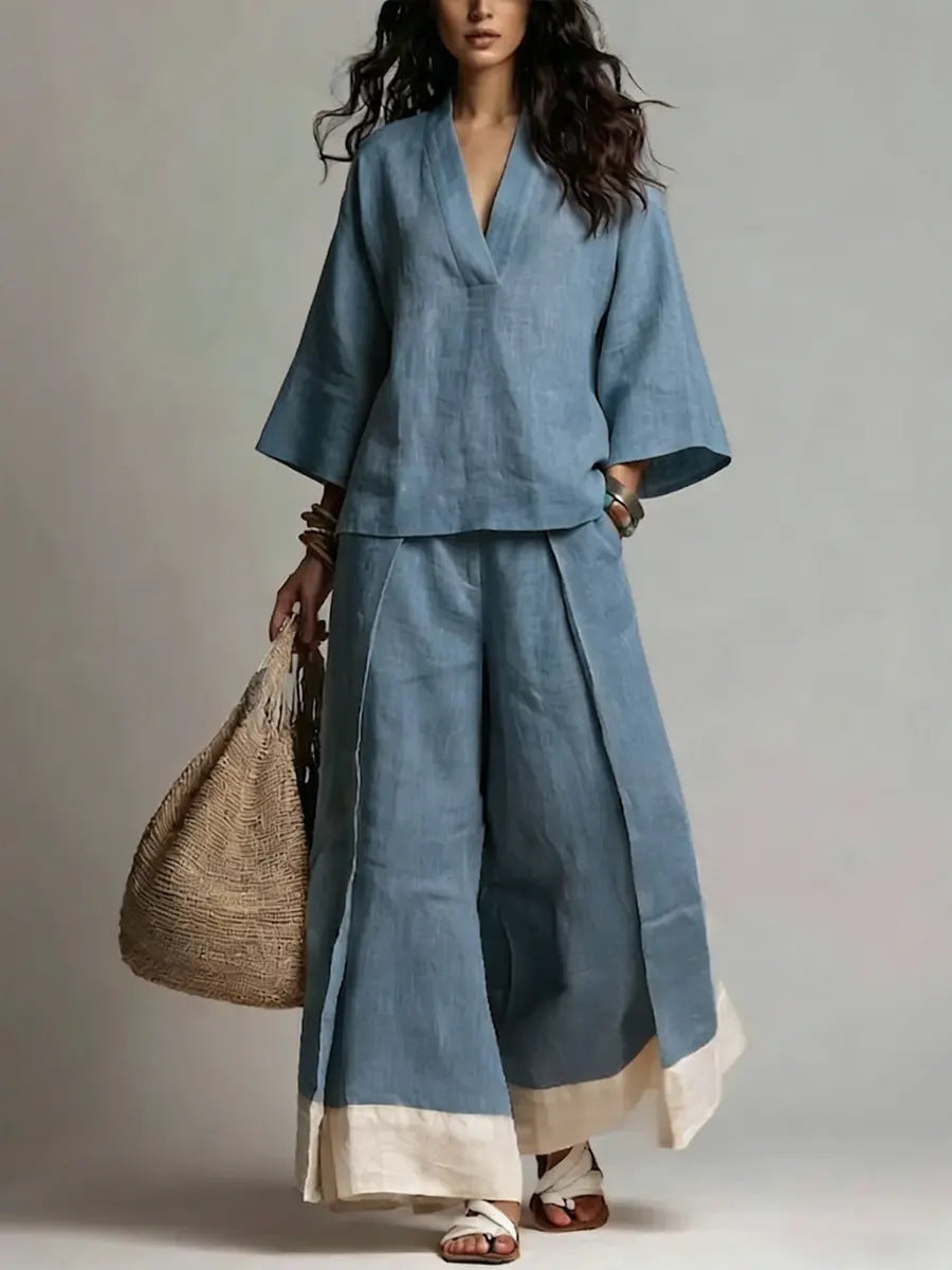 Women's Cotton Linen French Style Three-quarter Sleeve Shirt Contrast Color Suits