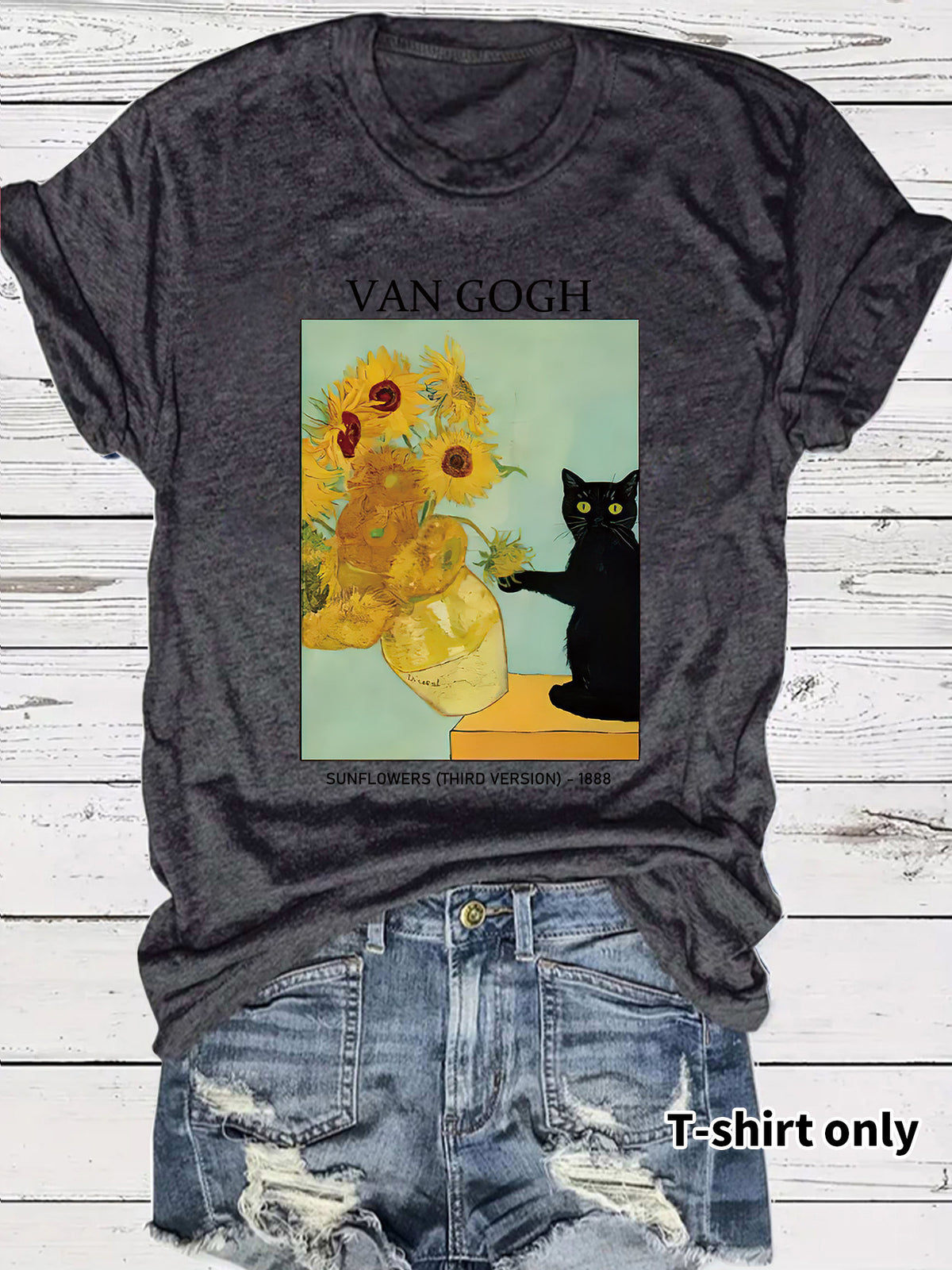 Women's Van Gogh Sunflower Cat Art Print Loose Casual Round Neck Women's T-shirt