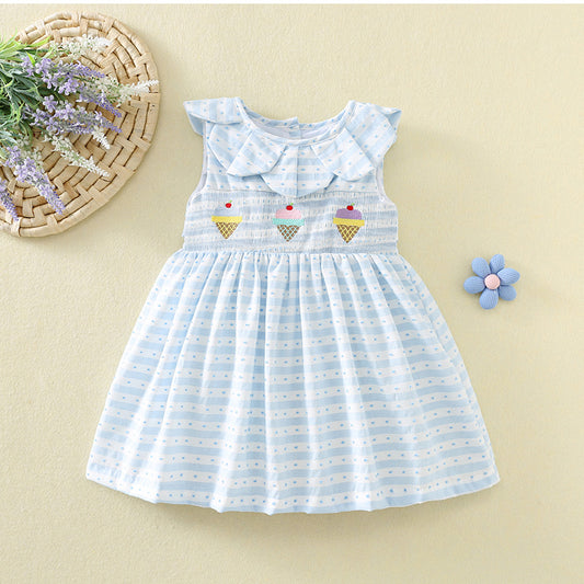 Smocking Korean Style Petal Collar Shirt Ice Cream Children's Dress