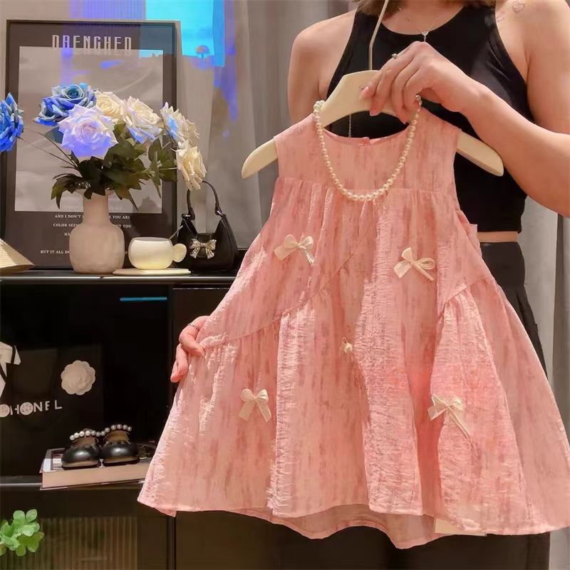 Korean Style Sleeveless Bow Pink Cute Children's Dress