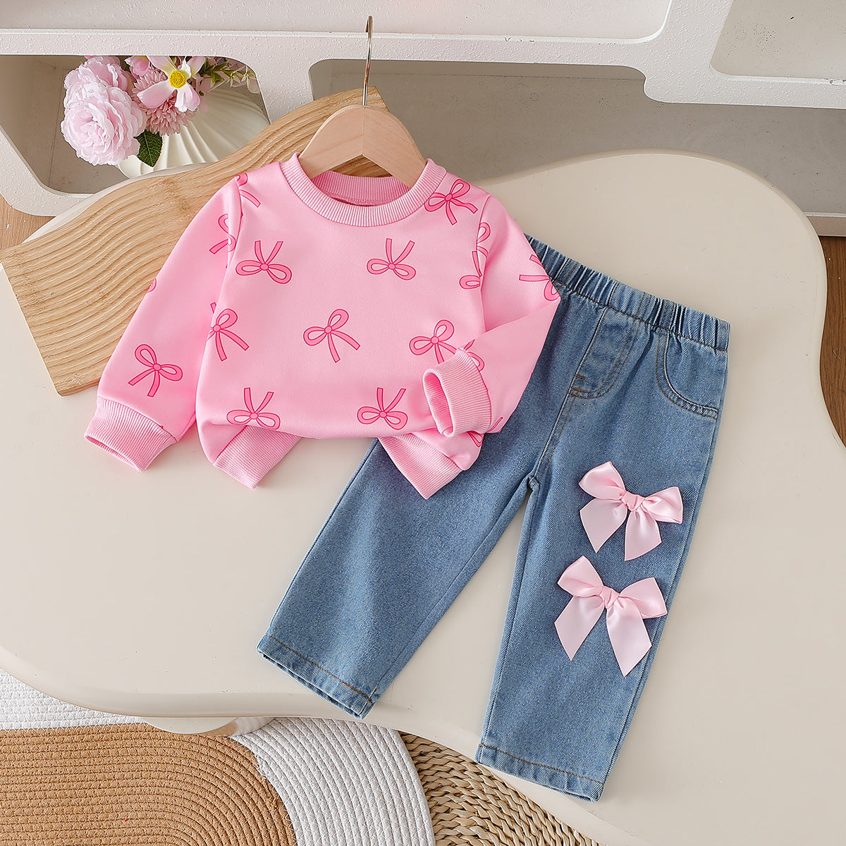 Cute Round Neck Top Bow Jeans Two-piece Children's Suit